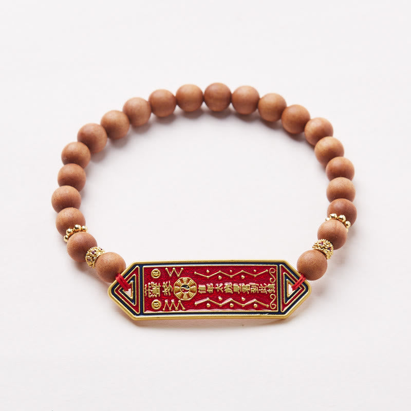 Wear FengShui Sandalwood Wood Bead Gold Plated Copper Bagua Yin Yang Chinese Character Harmony Bracelet