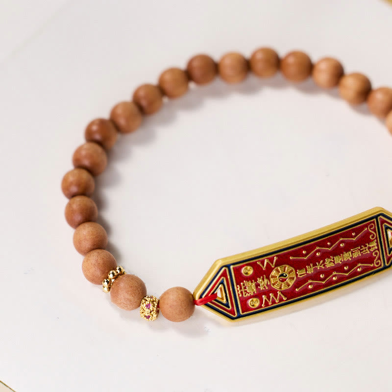 Wear FengShui Sandalwood Wood Bead Gold Plated Copper Bagua Yin Yang Chinese Character Harmony Bracelet