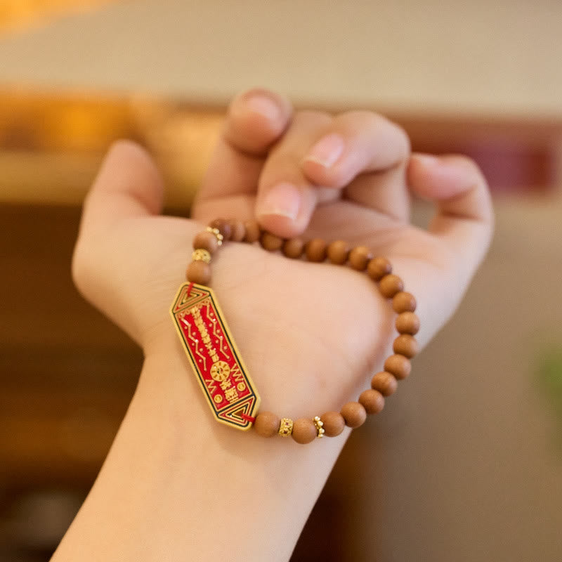Wear FengShui Sandalwood Wood Bead Gold Plated Copper Bagua Yin Yang Chinese Character Harmony Bracelet