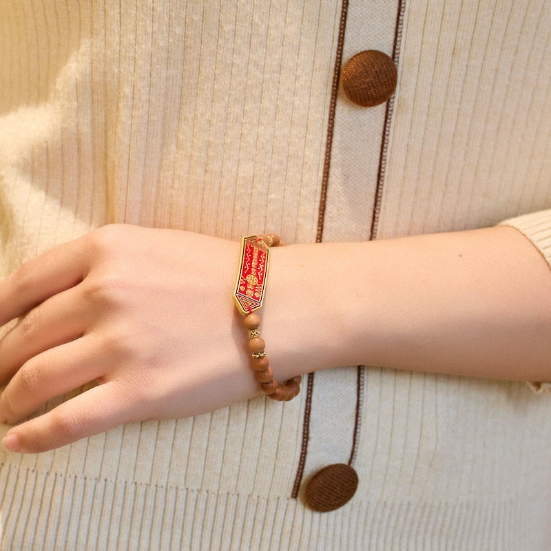 Wear FengShui Sandalwood Wood Bead Gold Plated Copper Bagua Yin Yang Chinese Character Harmony Bracelet