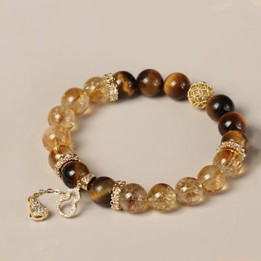 Wear FengShui Natural Tiger Eye Citrine Beads Fortune Gourd Strength Bracelet