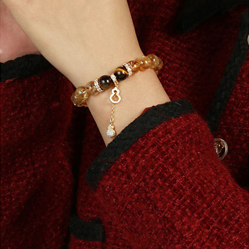 Wear FengShui Natural Tiger Eye Citrine Beads Fortune Gourd Strength Bracelet