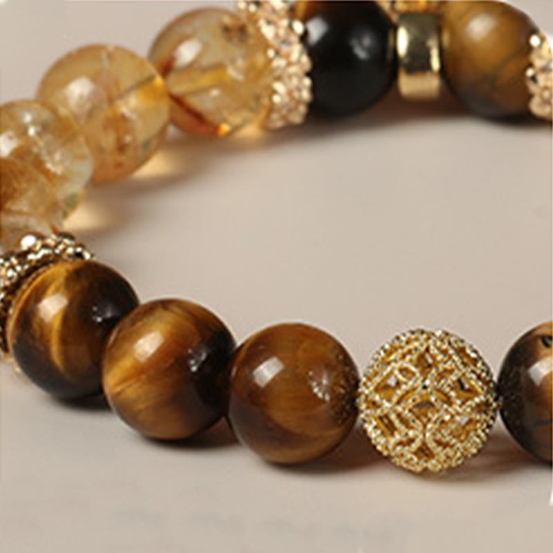 Wear FengShui Natural Tiger Eye Citrine Beads Fortune Gourd Strength Bracelet