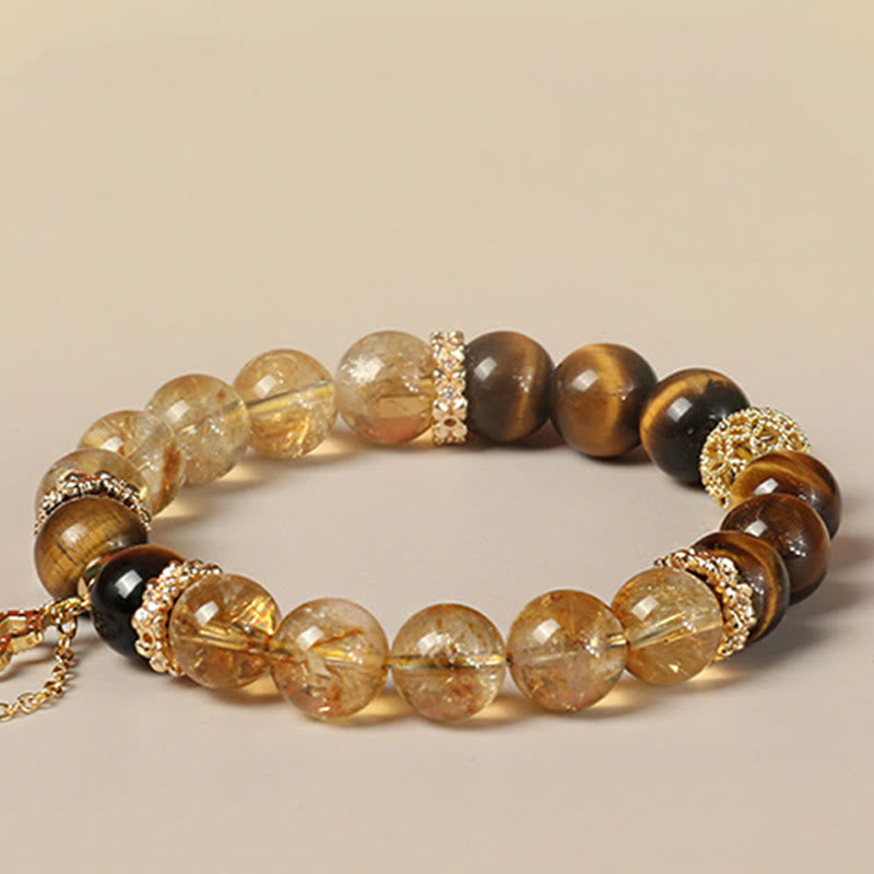 Wear FengShui Natural Tiger Eye Citrine Beads Fortune Gourd Strength Bracelet