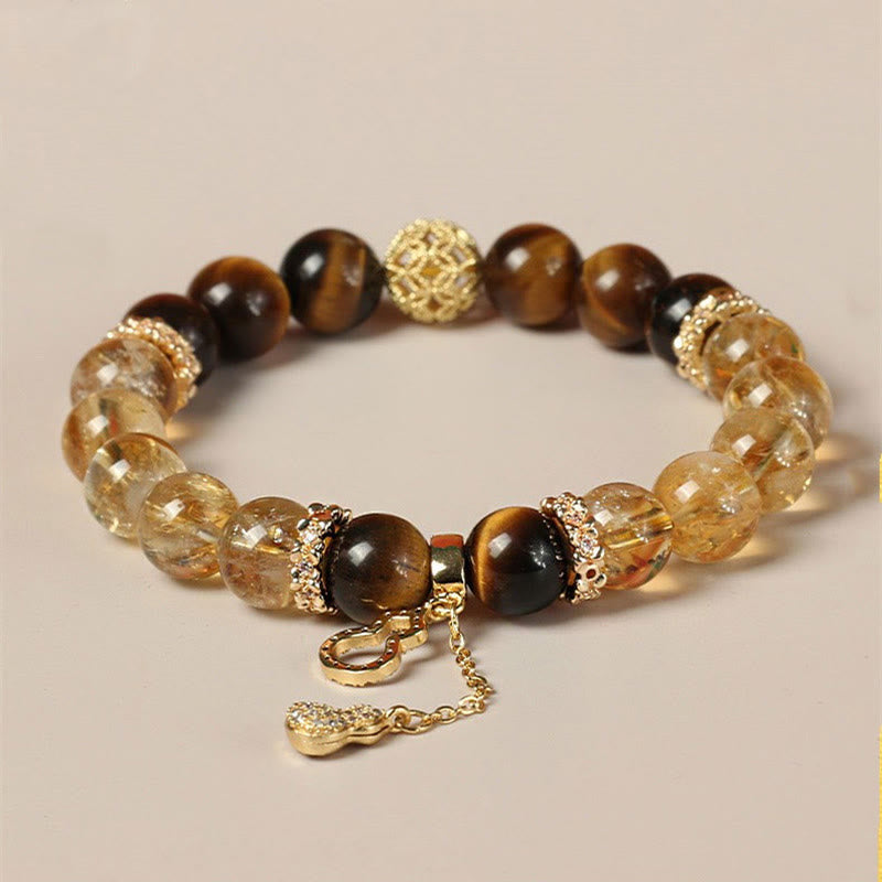 Wear FengShui Natural Tiger Eye Citrine Beads Fortune Gourd Strength Bracelet