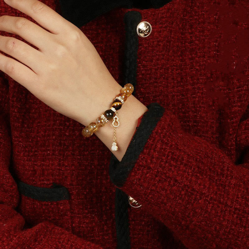 Wear FengShui Natural Tiger Eye Citrine Beads Fortune Gourd Strength Bracelet