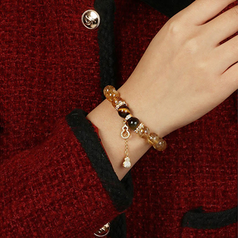 Wear FengShui Natural Tiger Eye Citrine Beads Fortune Gourd Strength Bracelet