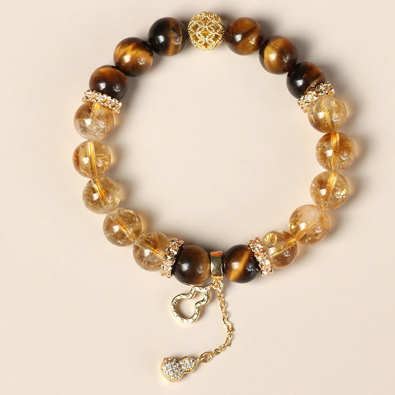 Wear FengShui Natural Tiger Eye Citrine Beads Fortune Gourd Strength Bracelet