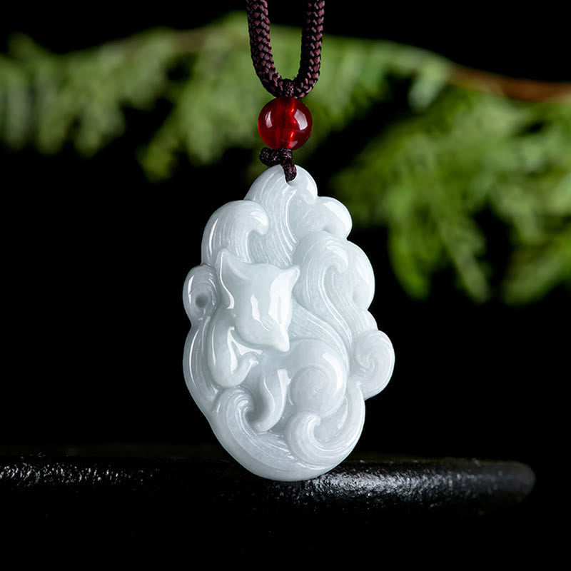 Wear FengShui Natural Jade Nine Tailed Fox Luck Necklace Pendant