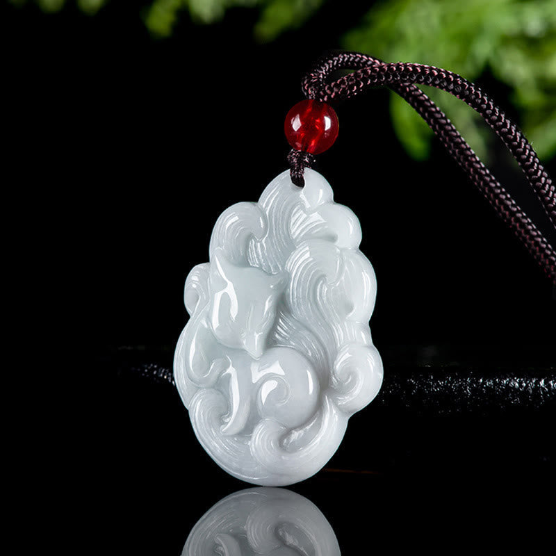 Wear FengShui Natural Jade Nine Tailed Fox Luck Necklace Pendant