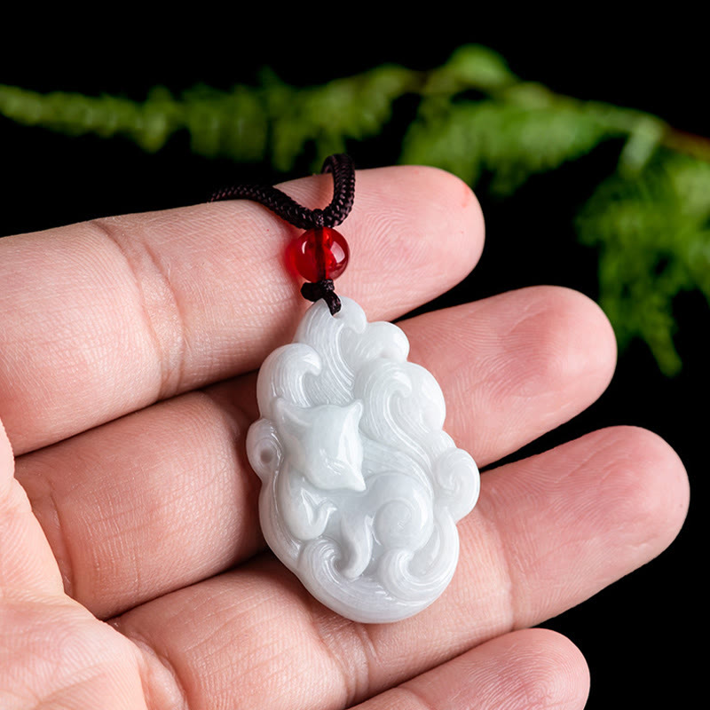 Wear FengShui Natural Jade Nine Tailed Fox Luck Necklace Pendant