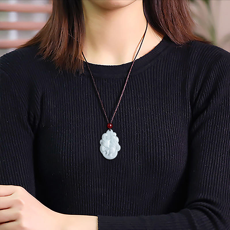 Wear FengShui Natural Jade Nine Tailed Fox Luck Necklace Pendant