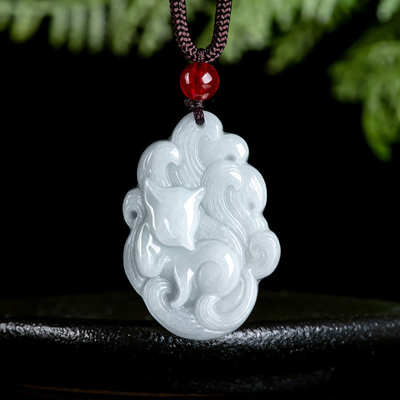 Wear FengShui Natural Jade Nine Tailed Fox Luck Necklace Pendant