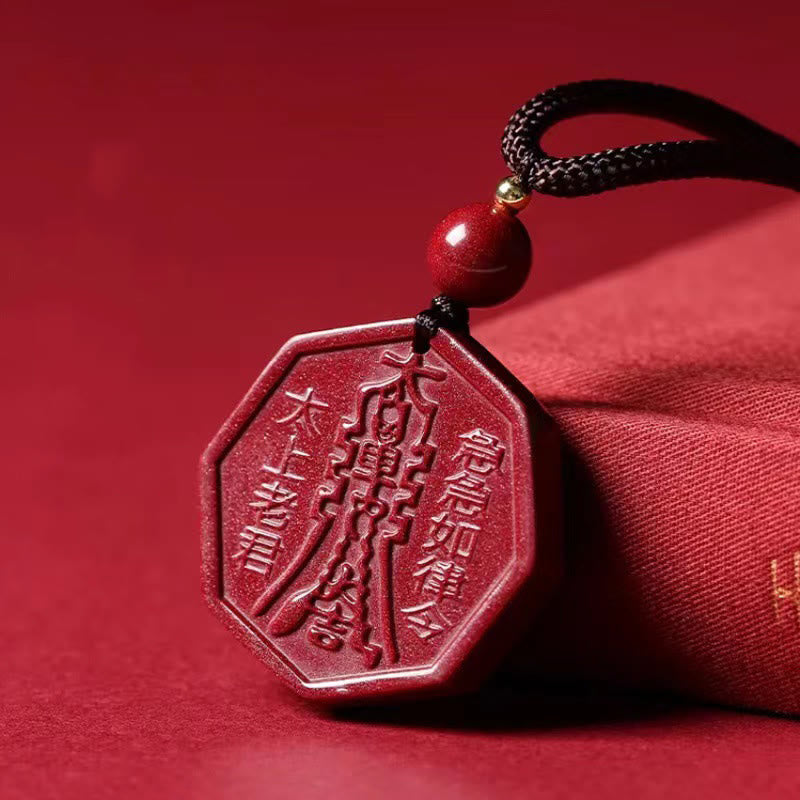 Wear FengShui Natural Cinnabar Bagua Taishang Laojun Fu Character Calm Necklace Pendant