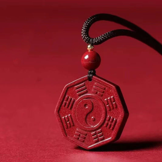 Wear FengShui Natural Cinnabar Bagua Taishang Laojun Fu Character Calm Necklace Pendant