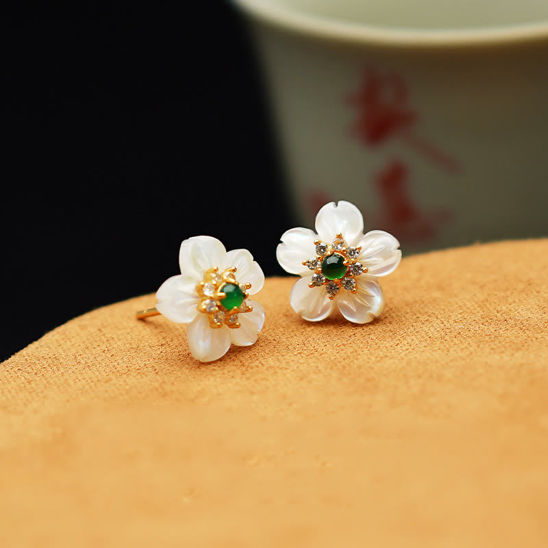 Wear FengShui 925 Sterling Silver Tridacna Stone Jade Flower Blessing Earrings