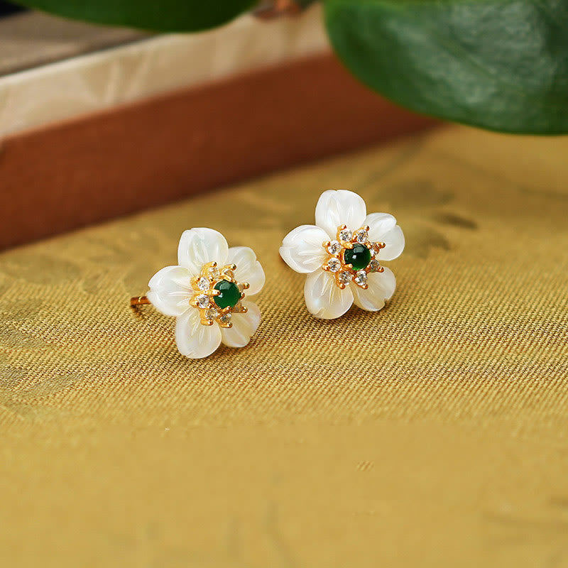 Wear FengShui 925 Sterling Silver Tridacna Stone Jade Flower Blessing Earrings