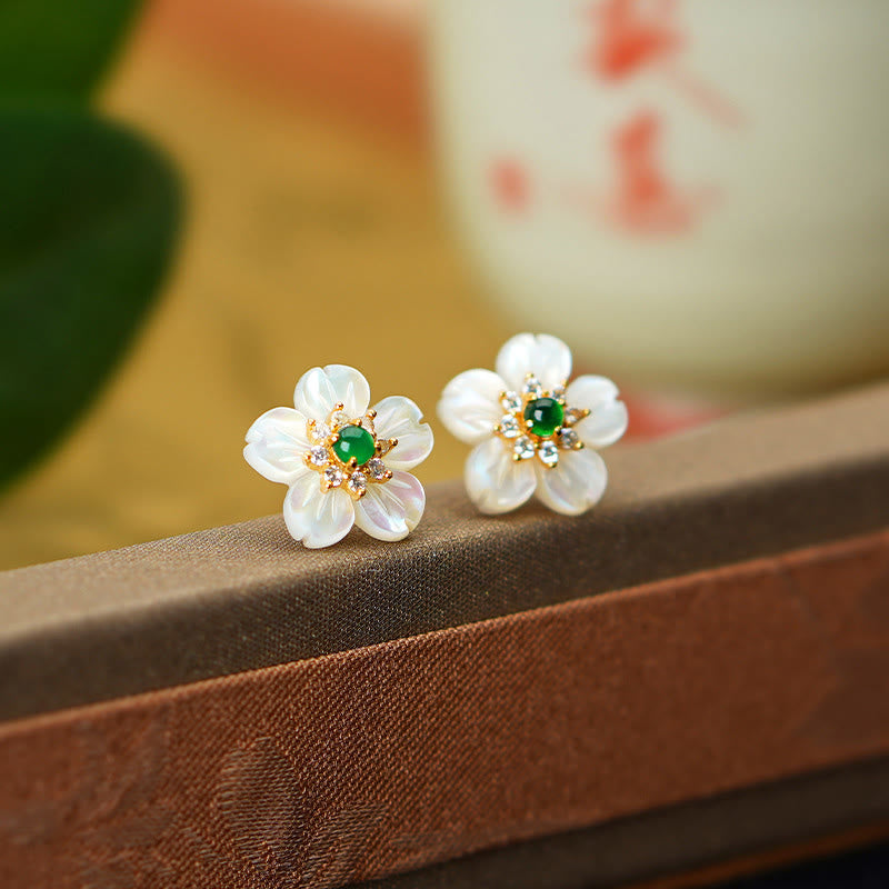 Wear FengShui 925 Sterling Silver Tridacna Stone Jade Flower Blessing Earrings