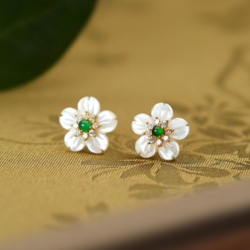 Wear FengShui 925 Sterling Silver Tridacna Stone Jade Flower Blessing Earrings
