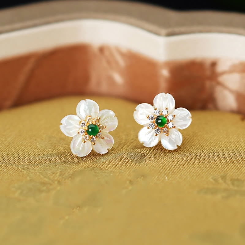 Wear FengShui 925 Sterling Silver Tridacna Stone Jade Flower Blessing Earrings