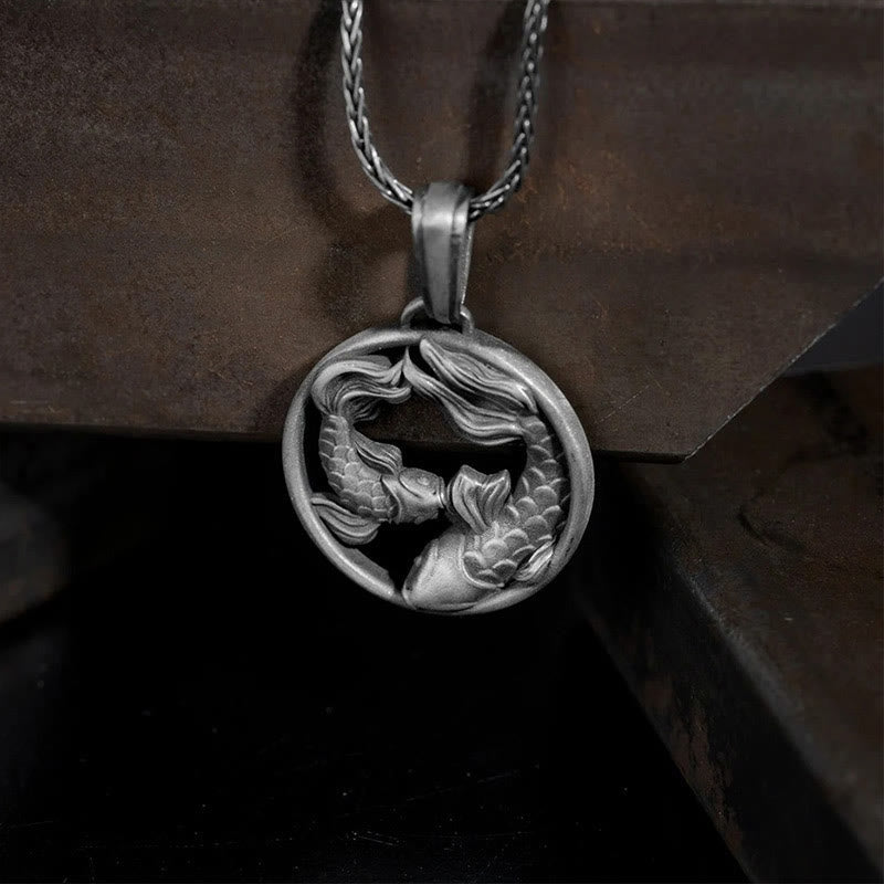Wear FengShui Pure Tin Pisces Double Koi Fish Wealth Necklace Pendant