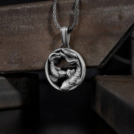 Wear FengShui Pure Tin Pisces Double Koi Fish Wealth Necklace Pendant