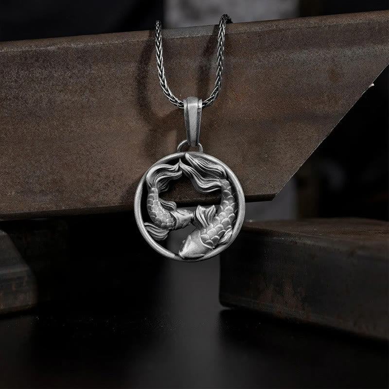 Wear FengShui Pure Tin Pisces Double Koi Fish Wealth Necklace Pendant