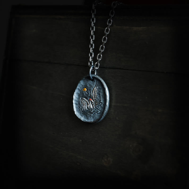 Wear FengShui 999 Sterling Silver 24k Gold Crane Auspicious Clouds Balance Necklace Pendant