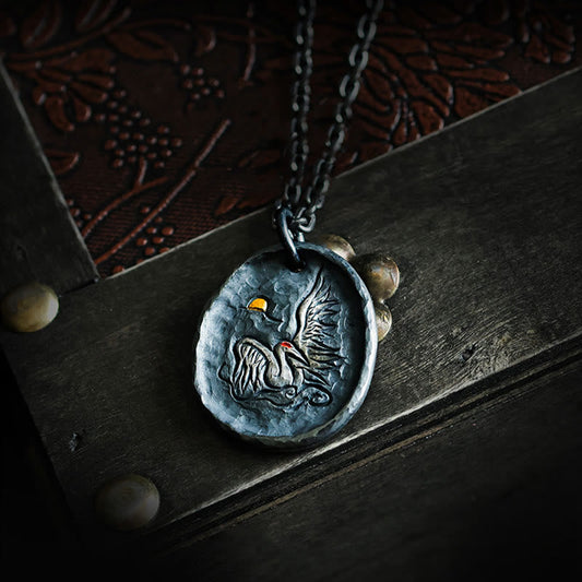 Wear FengShui 999 Sterling Silver 24k Gold Crane Auspicious Clouds Balance Necklace Pendant