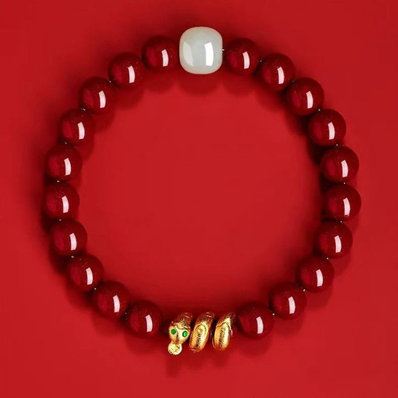 Wear FengShui Cinnabar Bead Hetian Jade Year Of The Snake Blessing Bracelet