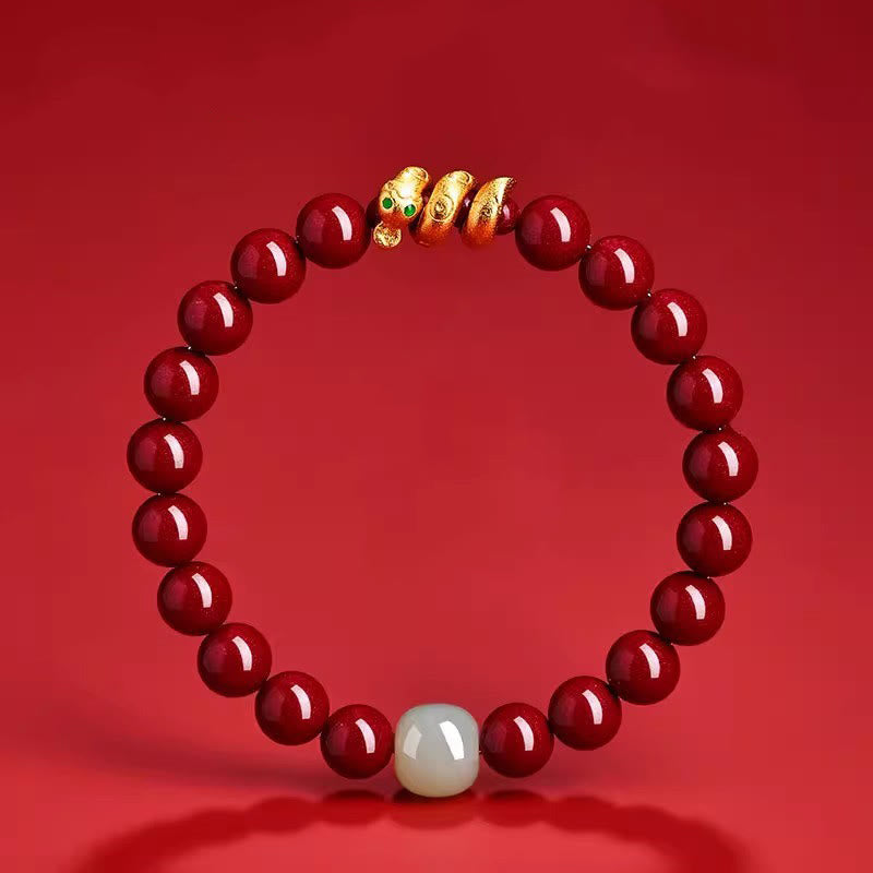 Wear FengShui Cinnabar Bead Hetian Jade Year Of The Snake Blessing Bracelet