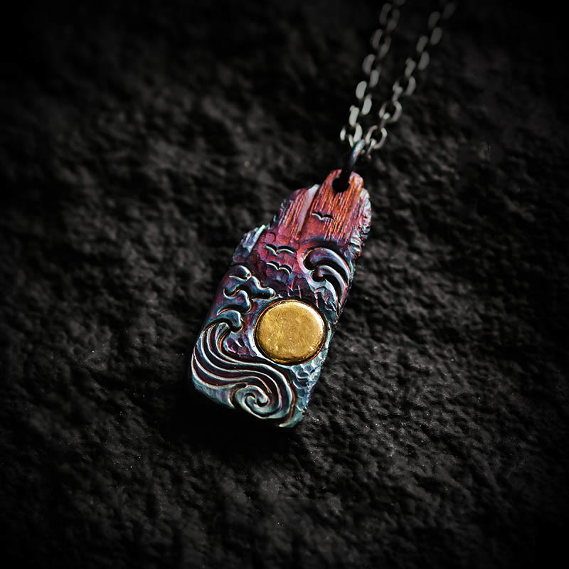 Wear FengShui 999 Sterling Silver 24k Gold Waves Sun Balance Necklace Pendant