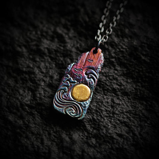 Wear FengShui 999 Sterling Silver 24k Gold Waves Sun Balance Necklace Pendant
