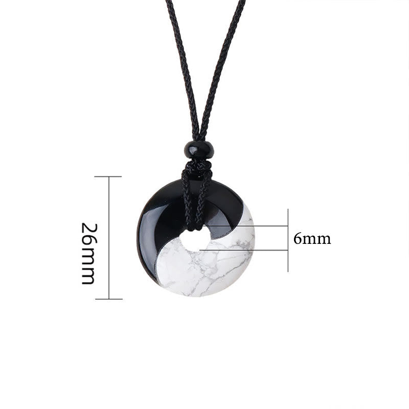 Wear FengShui Natural Black Obsidian White Turquoise Yin Yang Peace Buckle Design Braided String Strength Necklace Pendant