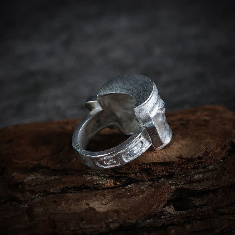 Wear FengShui 999 Sterling Silver Hand Casting Sanxingdui Mask Protection Ring