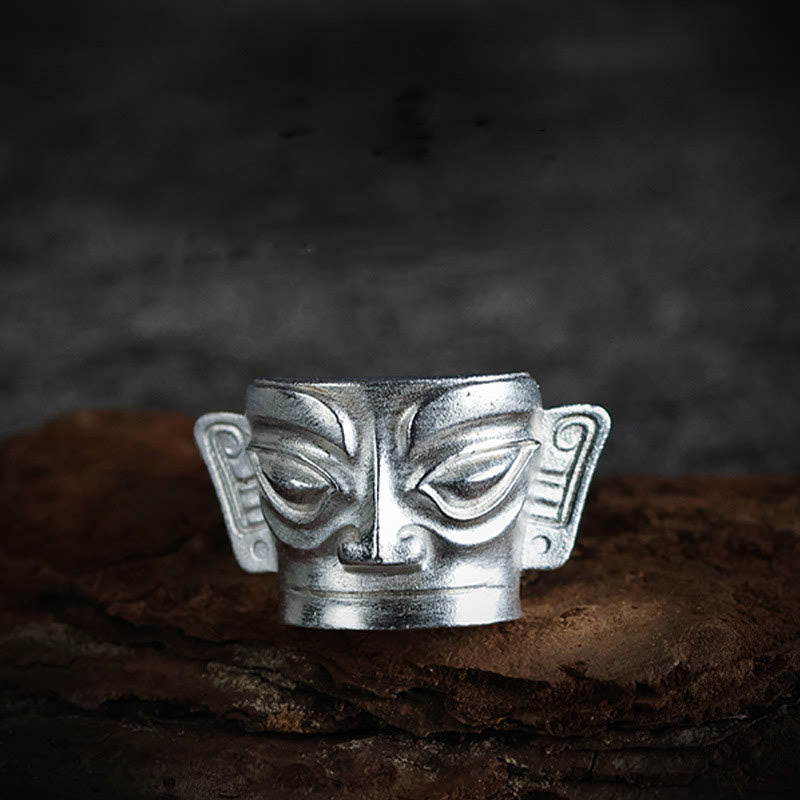 Wear FengShui 999 Sterling Silver Hand Casting Sanxingdui Mask Protection Ring