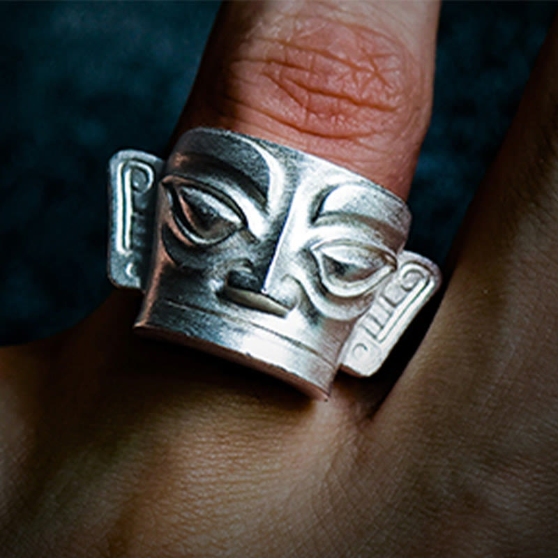 Wear FengShui 999 Sterling Silver Hand Casting Sanxingdui Mask Protection Ring