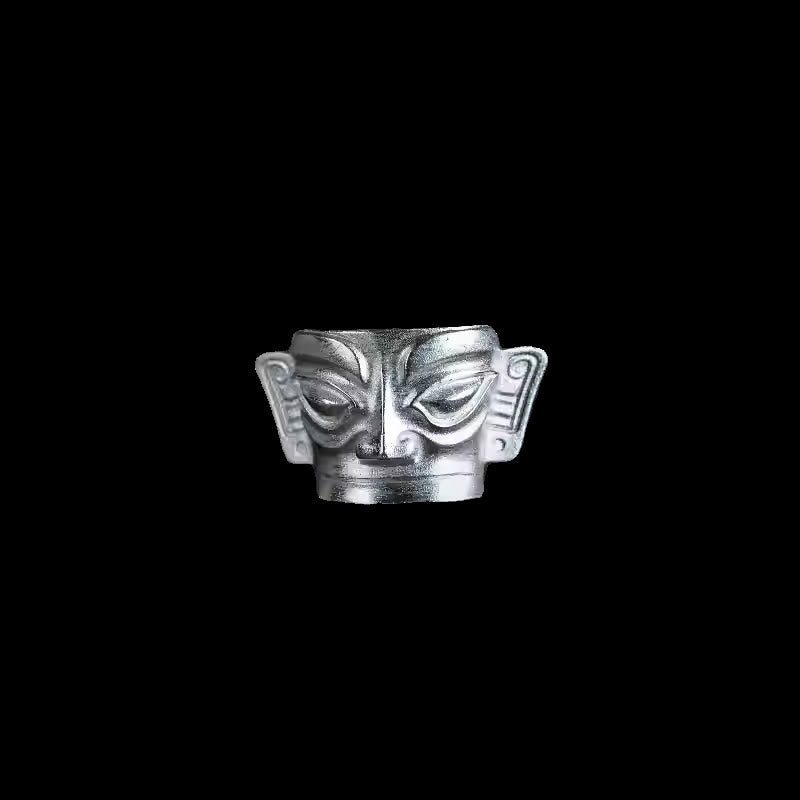 Wear FengShui 999 Sterling Silver Hand Casting Sanxingdui Mask Protection Ring
