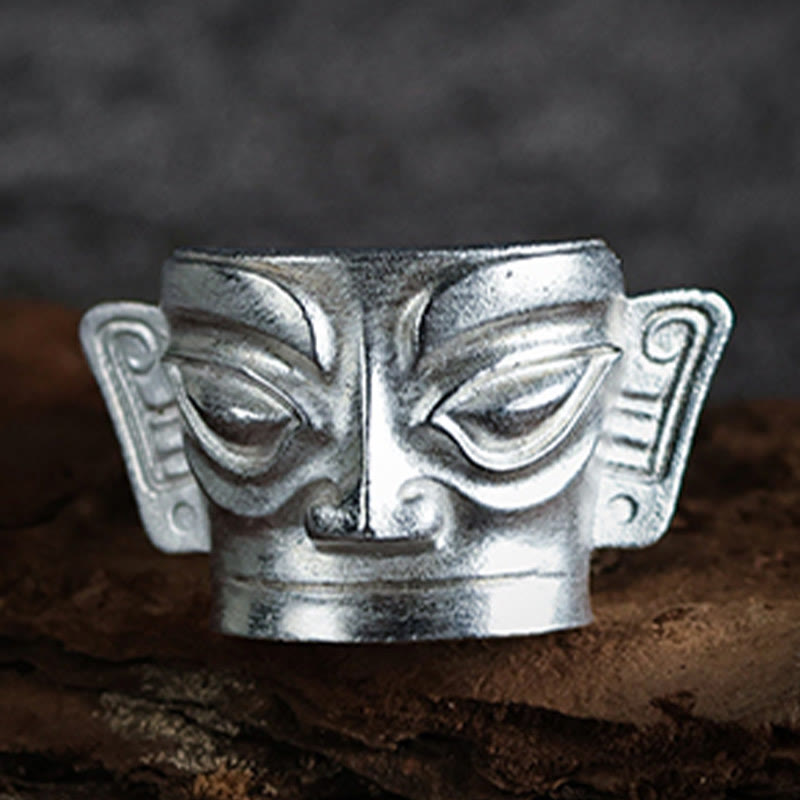 Wear FengShui 999 Sterling Silver Hand Casting Sanxingdui Mask Protection Ring