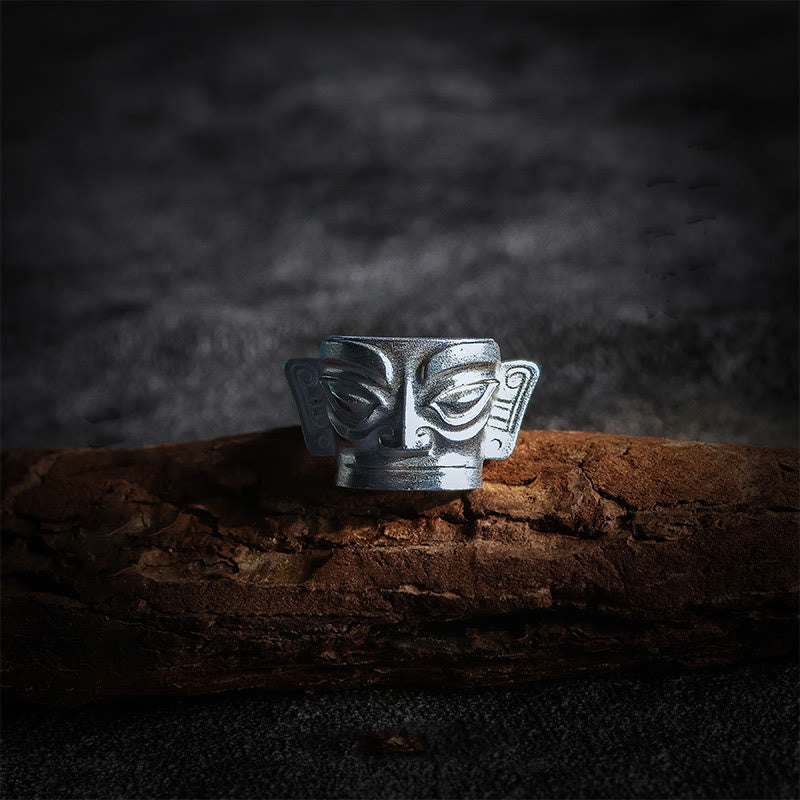 Wear FengShui 999 Sterling Silver Hand Casting Sanxingdui Mask Protection Ring