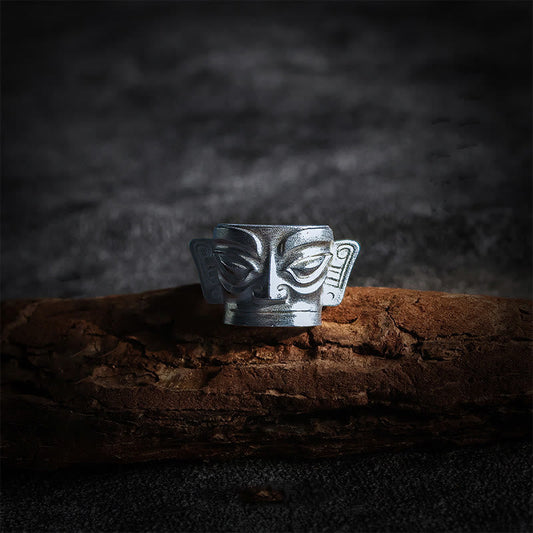 Wear FengShui 999 Sterling Silver Hand Casting Sanxingdui Mask Protection Ring