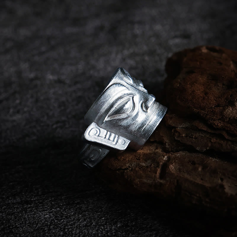Wear FengShui 999 Sterling Silver Hand Casting Sanxingdui Mask Protection Ring