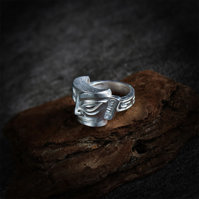 Wear FengShui 999 Sterling Silver Hand Casting Sanxingdui Mask Protection Ring