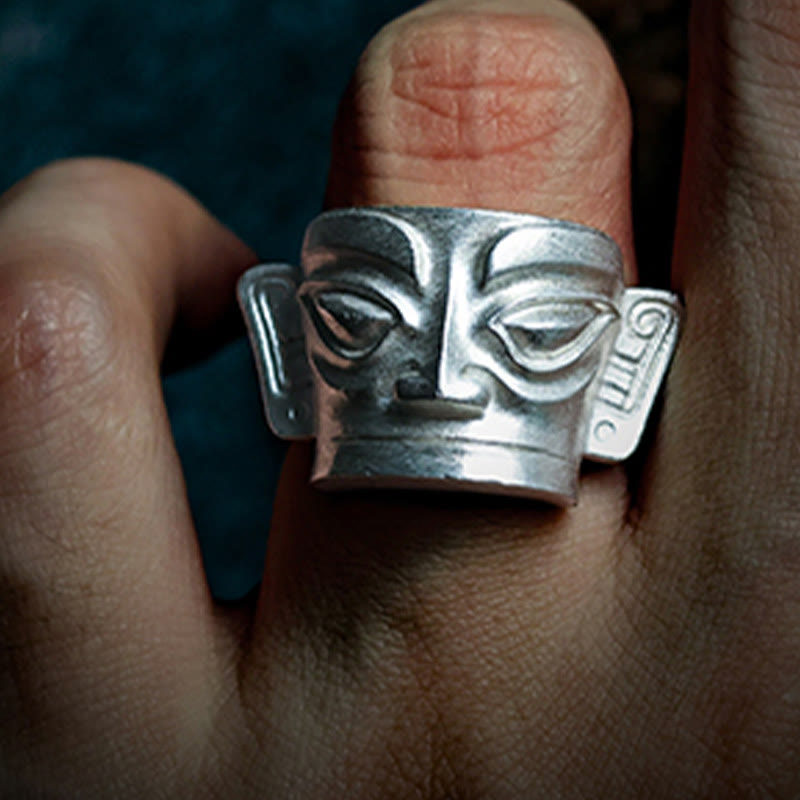 Wear FengShui 999 Sterling Silver Hand Casting Sanxingdui Mask Protection Ring