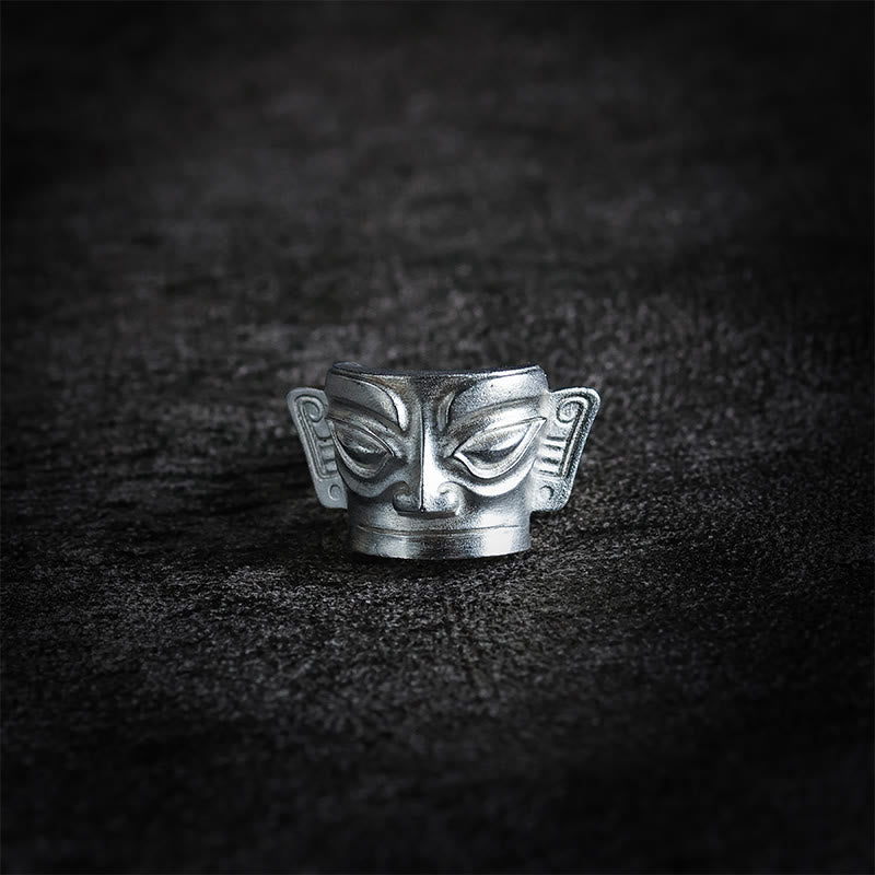 Wear FengShui 999 Sterling Silver Hand Casting Sanxingdui Mask Protection Ring