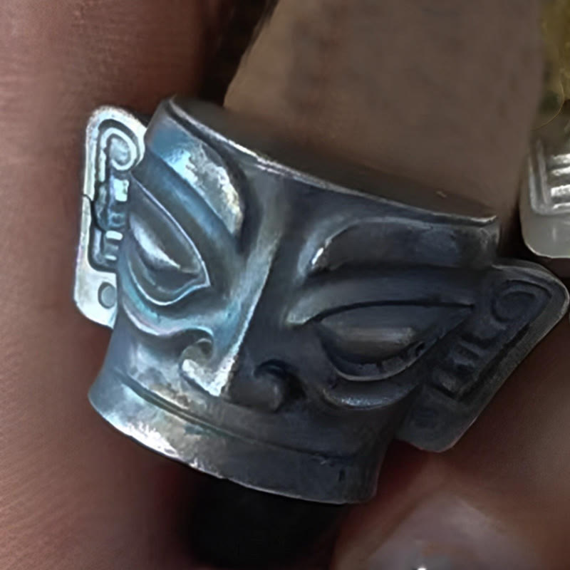 Wear FengShui 999 Sterling Silver Hand Casting Sanxingdui Mask Protection Ring