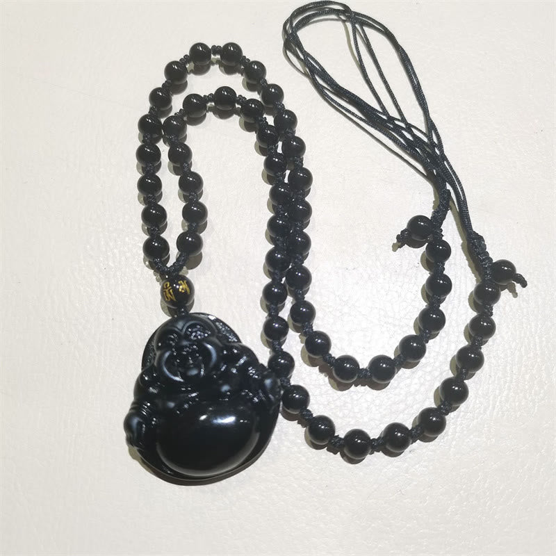 Wear FengShui Natural Black Obsidian Ice Obsidian Laughing Buddha Purification Necklace Pendant