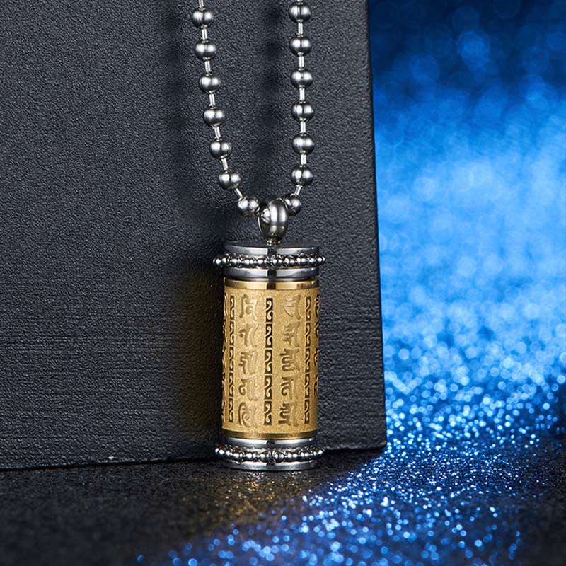Wear FengShui Titanium Steel Prayer Wheel Scriptures Necklace Balance Pendant