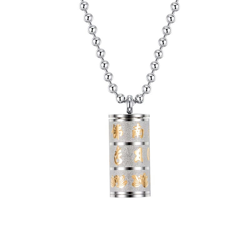 Wear FengShui Tibetan Om Mani Padme Hum Lotus Pattern Prayer Wheel Titanium Steel Peace Necklace Pendant