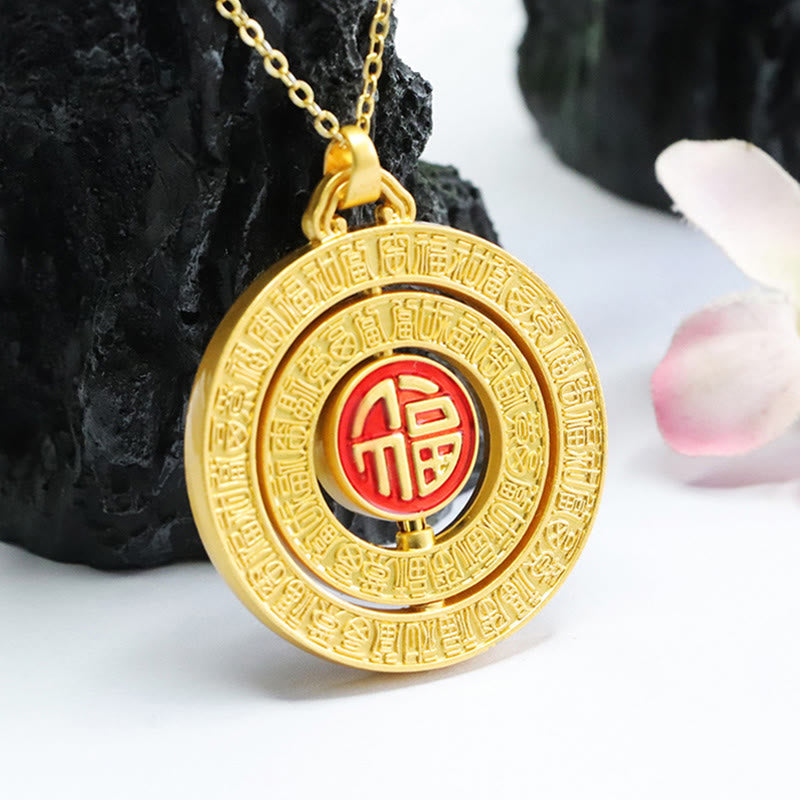 Wear FengShui Hetian Jade Hundred Blessings Fu Character Luck Rotatable Necklace Pendant